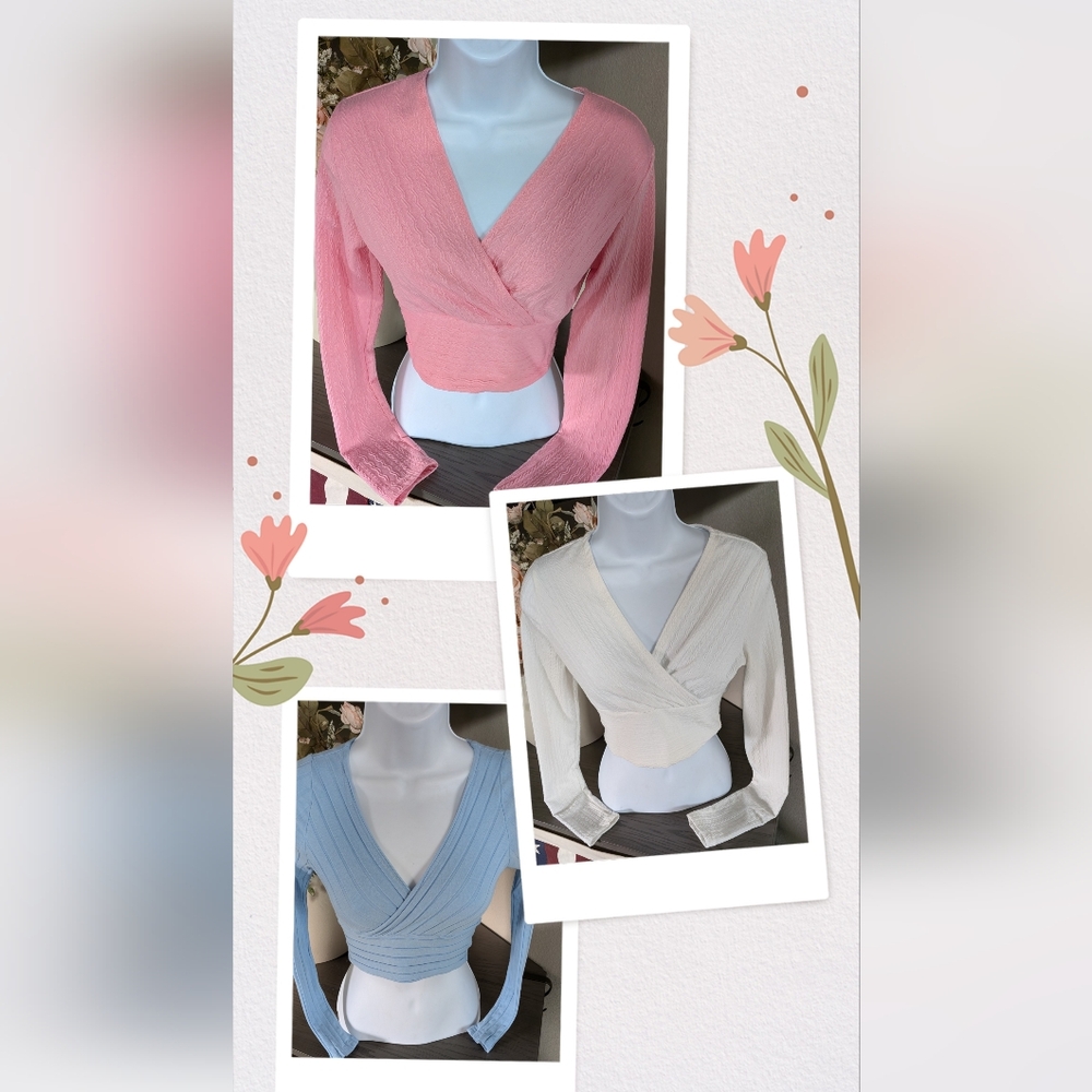 Chic Women's Wrap Blouse - Pink, Cream, Blue